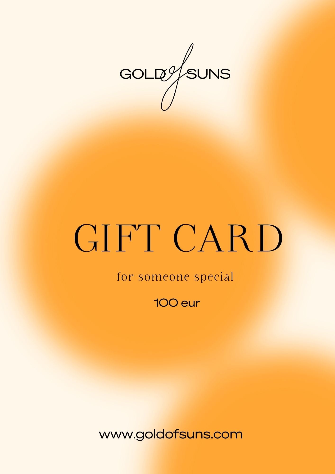 Gold Of Suns gift card with orange circular gradient background, highlighting sustainable, handmade, eco-friendly design.