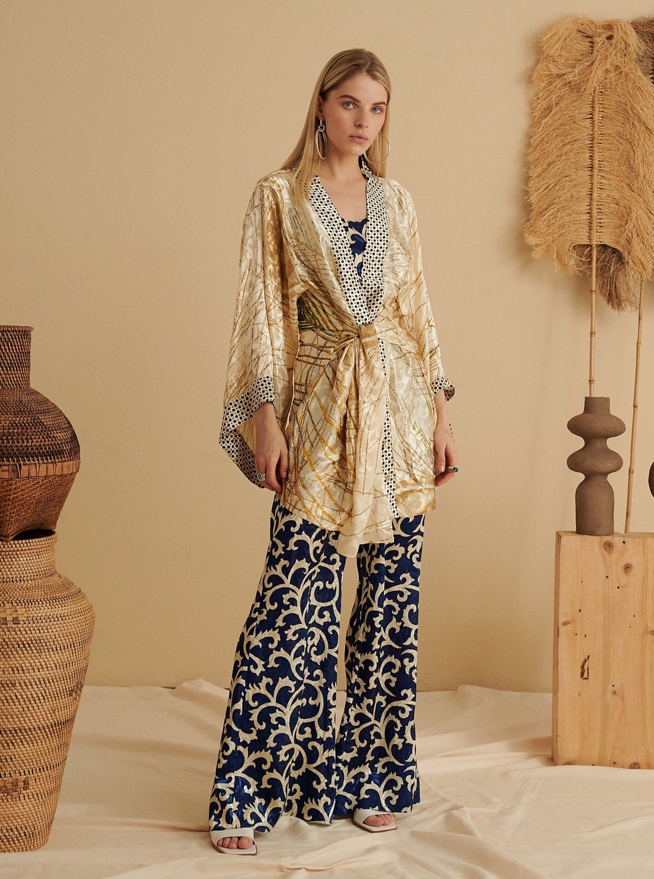 Eco-friendly handmade blue sapphire kimono with peacock print, organic and ethical wrap style.