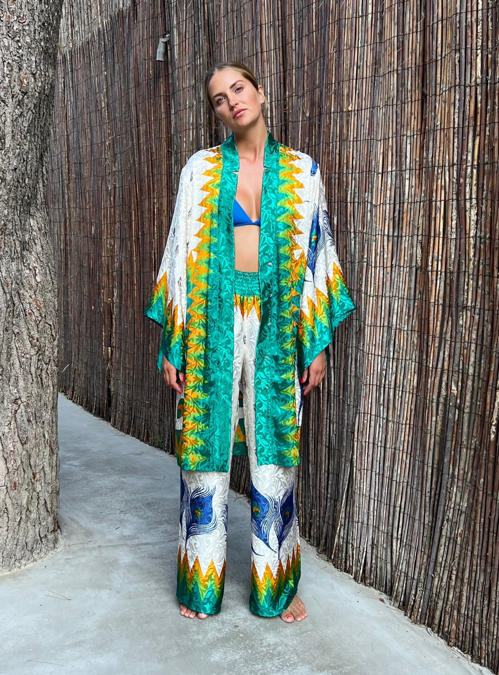 FLAMES KIMONO IN EMERALD GREEN