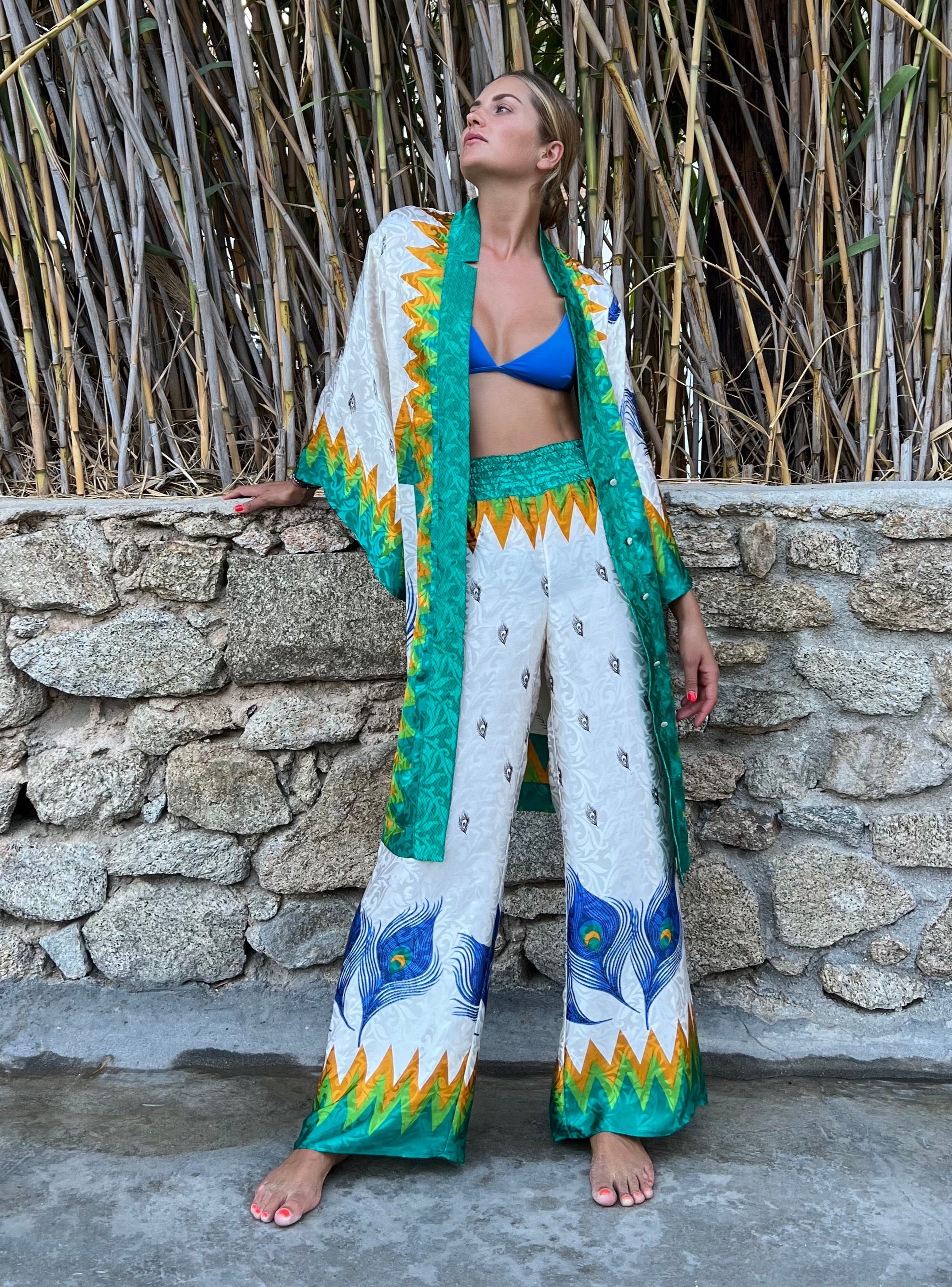 FLAMES KIMONO IN EMERALD GREEN