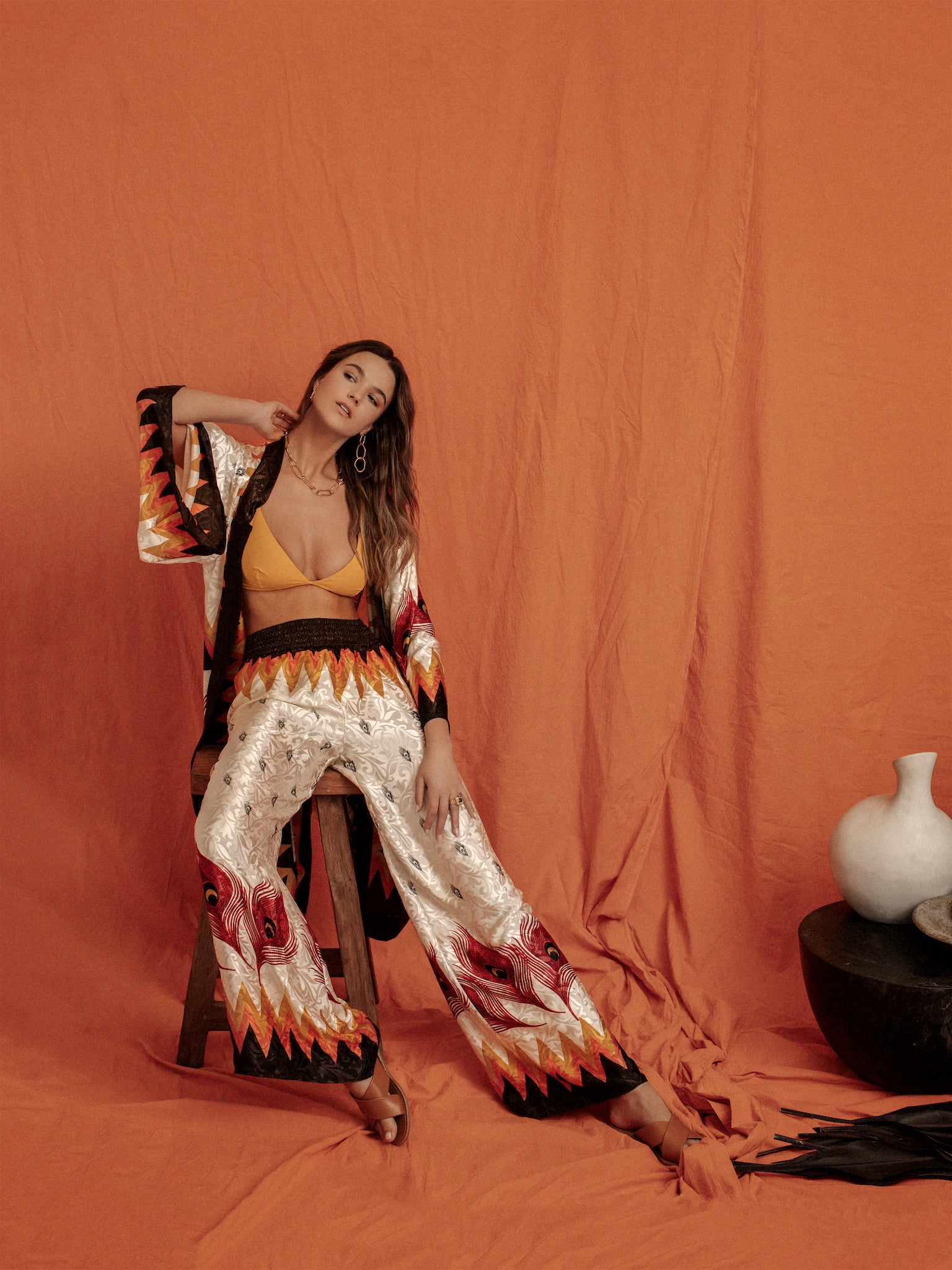 FLAMES KIMONO IN EARTH BROWN