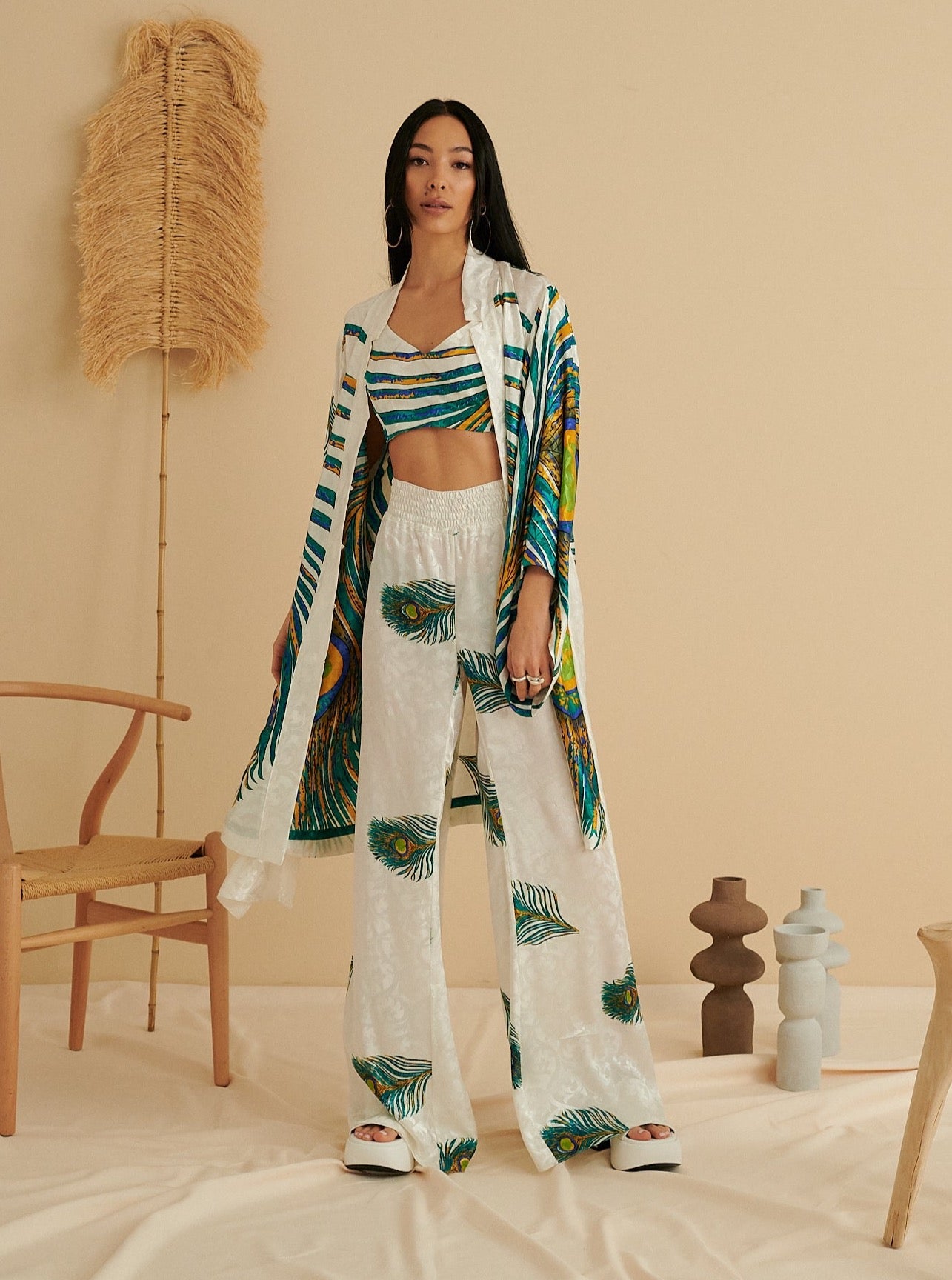 WHITE ROYAL PEACOCK FLARED TROUSERS