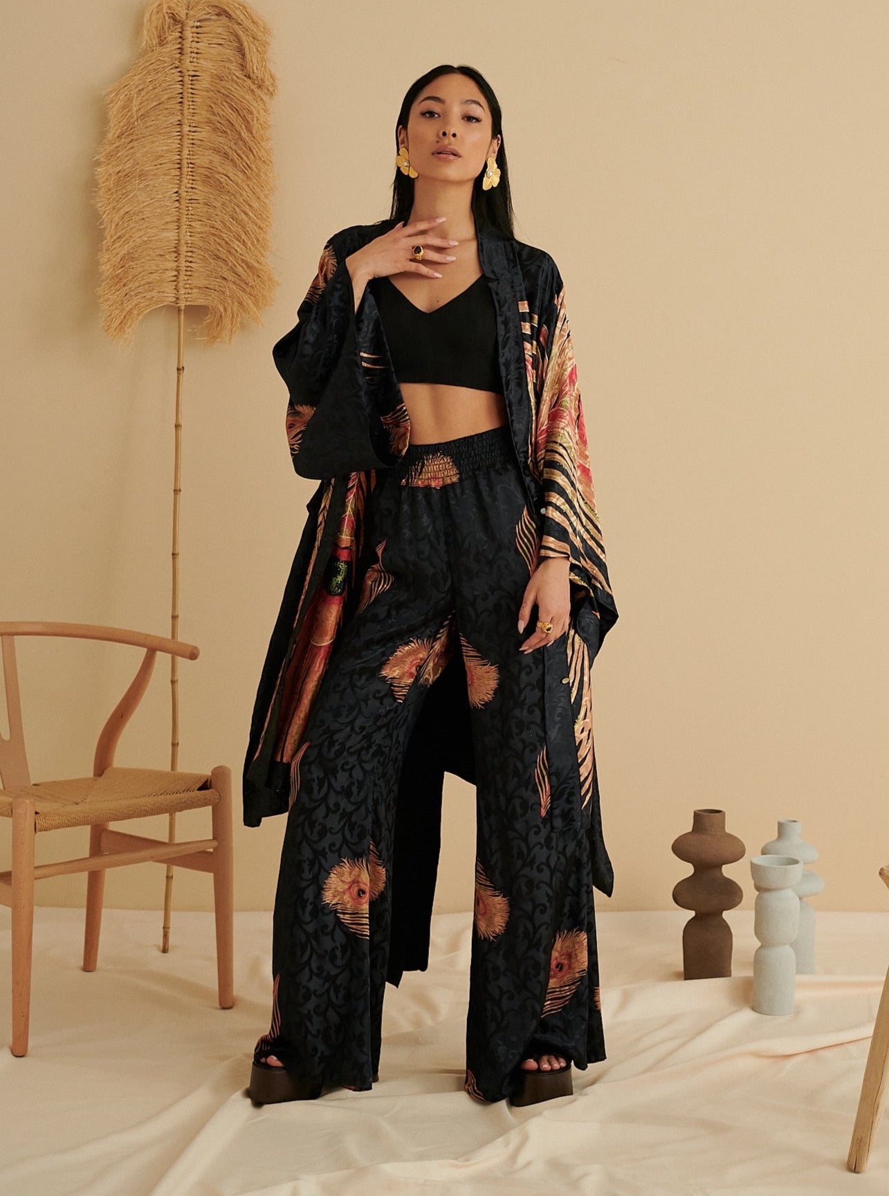 BLACK ROYAL PEACOCK FLARED TROUSERS