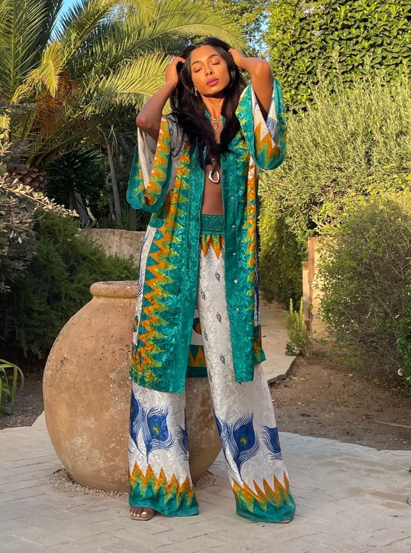 KIMONO FLAMMES VERT ÉMERAUDE